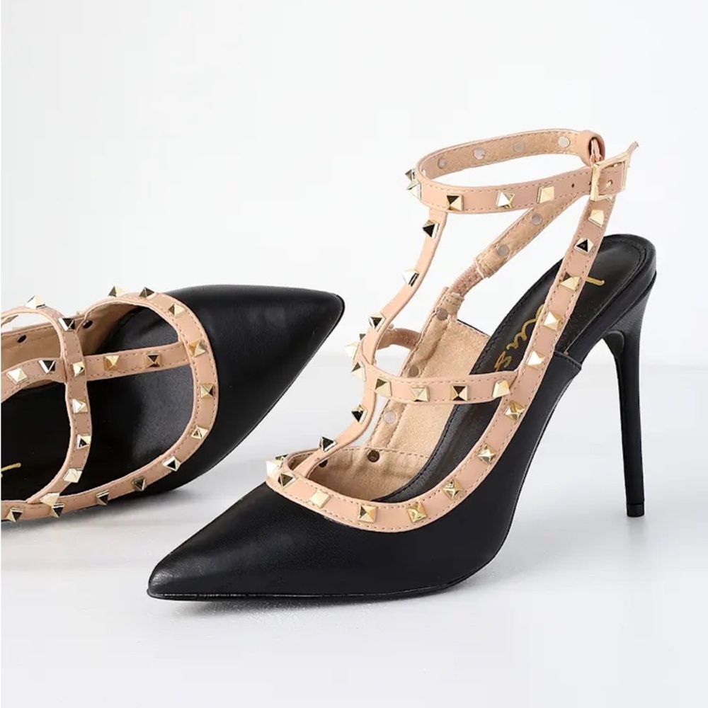 Lulu's Black and Tan Studded Vanek Pointed Toe Heels